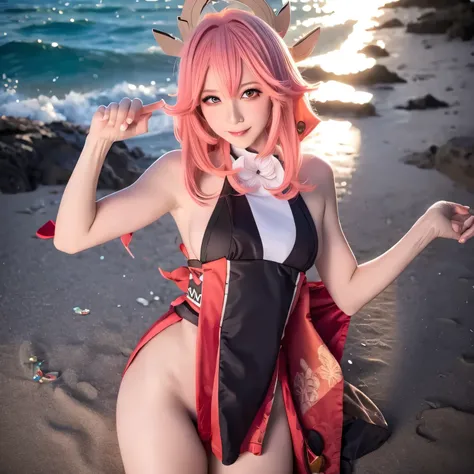 4k, high quality, master piece, best quality, yae miko, wear black adults swim suit, erotic, in the beach, adult, cosplayer