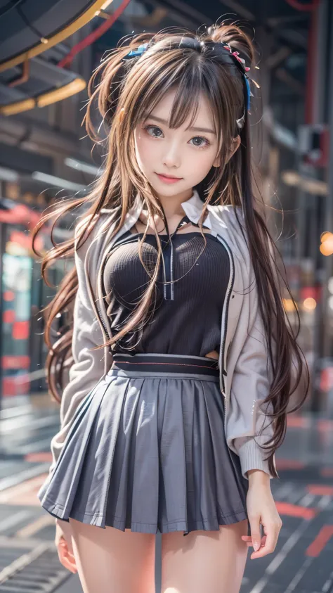 (((A pure and cute high school girl stands in a futuristic city:1.2))), (The strong wind blows the skirt up:1.4), (((Cute underwear is visible:1.2))), Beautiful straight hair, Brown Hair, Immersion, (Beautiful symmetrical eyes), ((Thin thighs, Inner thighs...