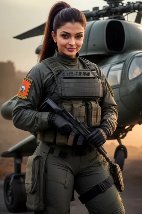 Full body photo of 50YO MATURE MILF AISHWARYA RAI as STRICT ARMY COMMANDO, ((BLACK ARMY GEAR, COMBAT BOOTS, COMBAT GLOVES, KNEEPADS)), CAMO PLATE CARRIER RIG, intricate details, POSING next to army helicopter, ((FLIRTATIOUS MOCKING SMILE)), ((PONYTAIL HAIR...