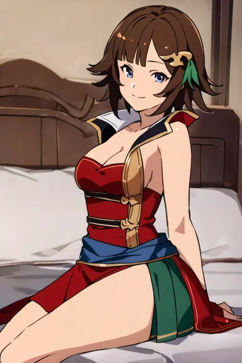 1girl, solo, leona (granblue fantasy), bedroom, looking at viewer, smile, full_shot, sirld, anime screencap, masterpiece, best quality, sit on the bed,