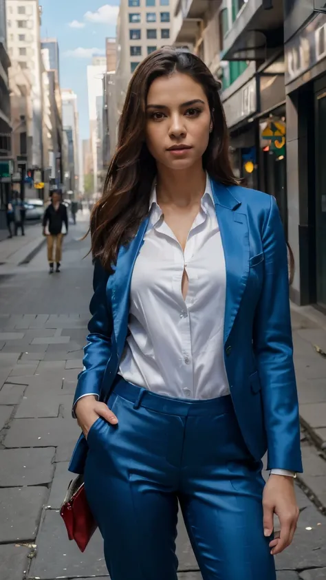 (8k, RAW photo, best quality, masterpiece: 1.2), (realistic, photorealistic: 1.37), 1 woman in suit standing on the sidewalk, cityscape, day, sunny morning, professional lighting, photon mapping, radiosity, Brazilian woman, torn, shirt, woman in suit, silk...