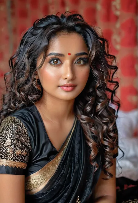 Beautiful girl curly hair fair complexion most beautiful girl 4k details HDR volumetric lighting 8k details background in bedroom on the bed wearing black net saree indian traditional dress 