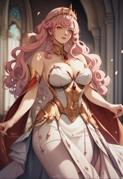 (photorealism:1.2), beautiful 1 girl, hentai anime digital art, pink curly long hair, pretty face, she is fully covered, wearing fantasy white, pink and gold princess royalty gown, very big breasts, slim waist, nice hips, background of a red royal room