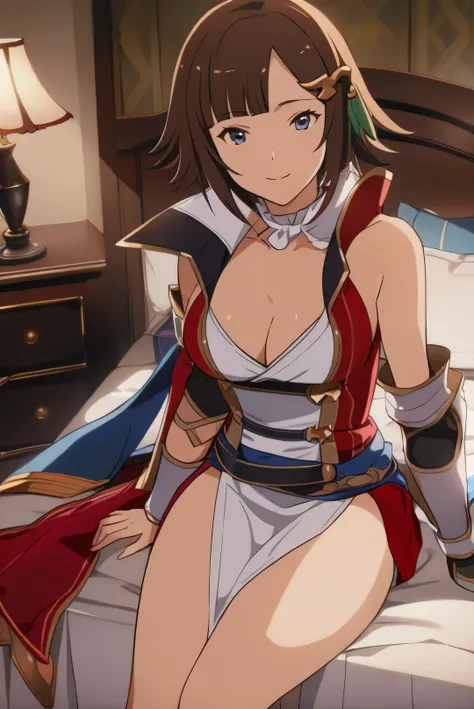 1girl,solo,leona (granblue fantasy),bedroom,looking at viewer,full_shot,light smile,sirld,anime screencap,masterpiece,best quality,sit on the bed,