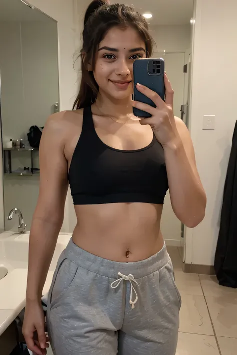 ((best quality)), ((masterpiece)), (detailed), 
A 2 beautiful Indian girl with long hair smiling face beautiful eyes wearing a dark grey black sports bra and full track pants mirror selfie photo clicked by herself on a mirror ponytail hairstyle 