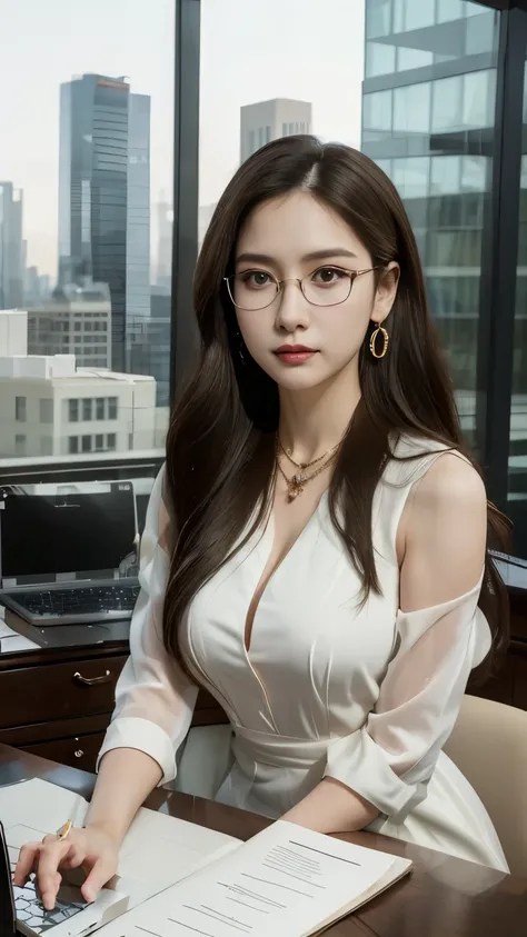 8k, highest quality, extremely detailed, successful VietNams girl, elegant, beautiful, sexy, peachy glasses, beautiful hair, slim waist, flat figure, white skin, beautiful eyes, wearing a neat - elegant vest, beautiful dress , important document background...