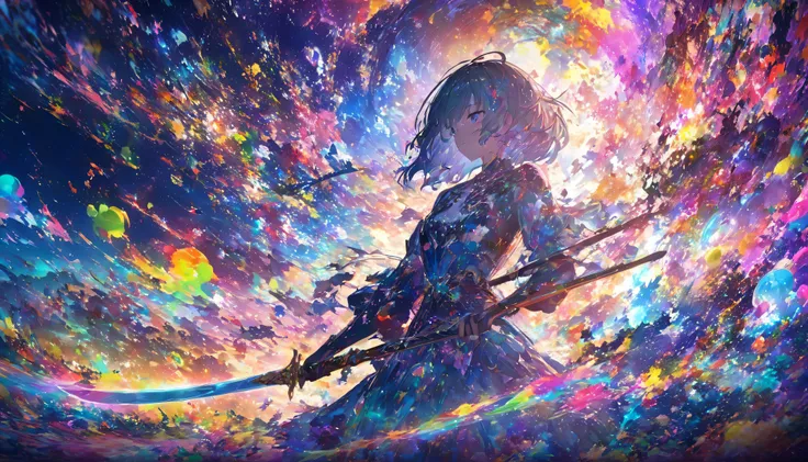 Close-up of a person holding a sword in front of a colorful background, anime art wallpaper 4k, anime art wallpaper 4k, Super colorful, anime abstract art, Dreamy psychedelic anime, Detailed anime art, Anime Style 4k, Anime Art Wallpapers 8K, Detailed digi...