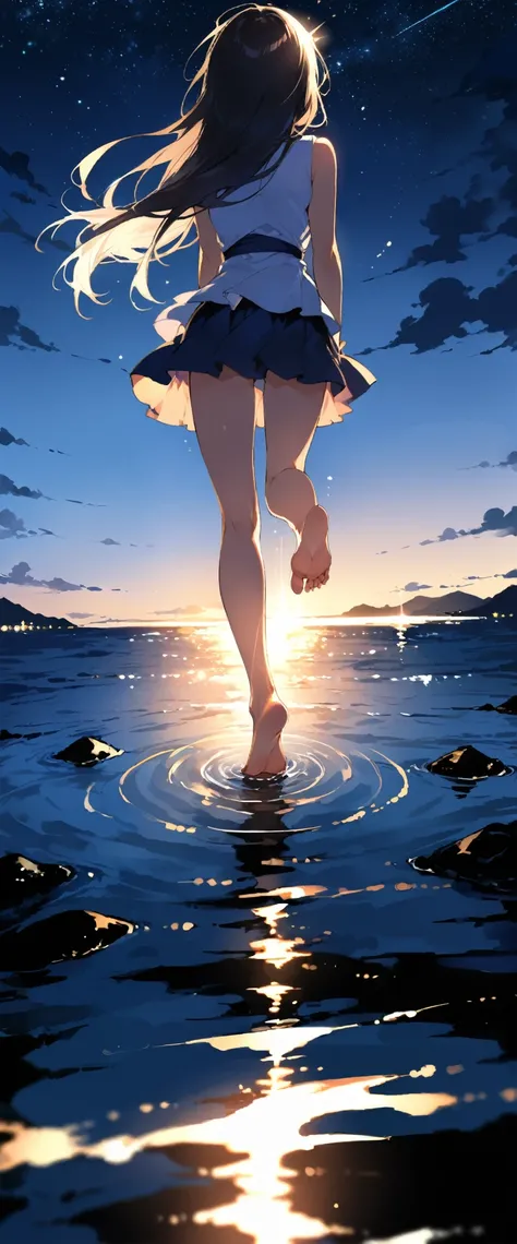 Japanese Girls、(Night view:1.2)、Thin clothes、pretty girl、Put one foot in the sea、Stand on tiptoe、landscape、Between the horizon and the sea、Look sideways、Ripples spread from the toes、Stand about 20 meters away、on the sea、The whole scene is shining、illuminat...