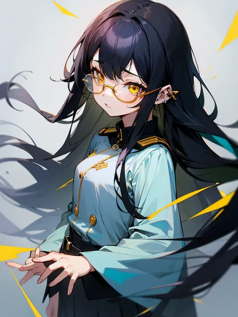 Long Hair、Beautiful girl with black hair and glasses、uniform、Look up at high places、Back view、Baby Face、Small breasts、Anime Style、cool、Piercing in one ear、Confused eyes、Yellow Eyes