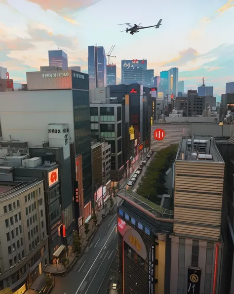 there is a red frisbee flying over a city street, japanese downtown, tokyo in the background, in tokio, shinjuku, tokyo city in the background, tokio, in tokyo shinjuku, set in tokyo rooftop, view from high, view from slightly above, tokyo japan, surroundi...