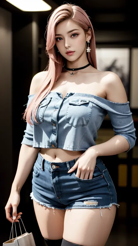 8k master piece, solo girl with pink hair and medium breasts looks directly at the viewer from a cowboy shot indoors. Shes wearing a black miniskirt and thighhighs, her collarbone and navel visible. A necklace and earrings adorn her neck. Her parted lips a...