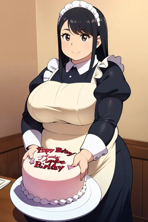 plump big breasts black hair brown eyes chubby smile longer hair happy birthday maid cake