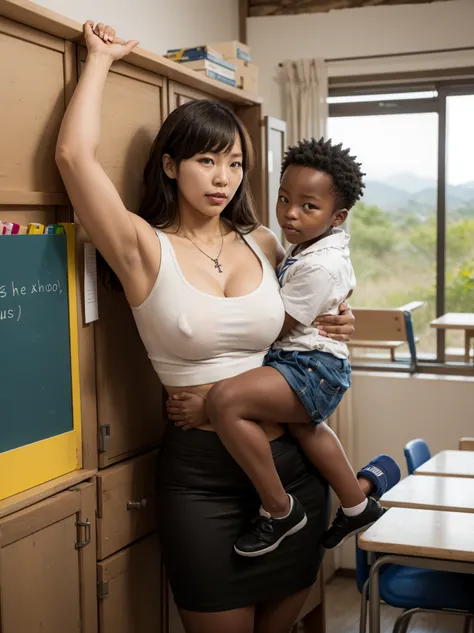 (Mature southkorean!woman & little gradeschooler african!boy), BREAK, Teacher girl, mouth open, 42yo sensual southkorean l!milf teaching in secluded poor african (gradeschool shack) deep by the Kenya forest. dark hair with bangs, lipgloss, natural make-up,...