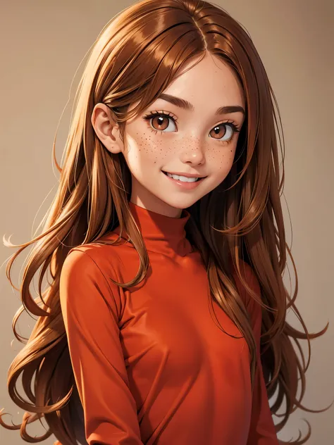 (best quality), 1girl, female, honey toned skin, chestnut hair, long hair, slightly wavy hair, brown eyes, perfect eyes, freckles, red clothes, , skinny body, small bust, smile, masterpiece, anatomically correct, highres
