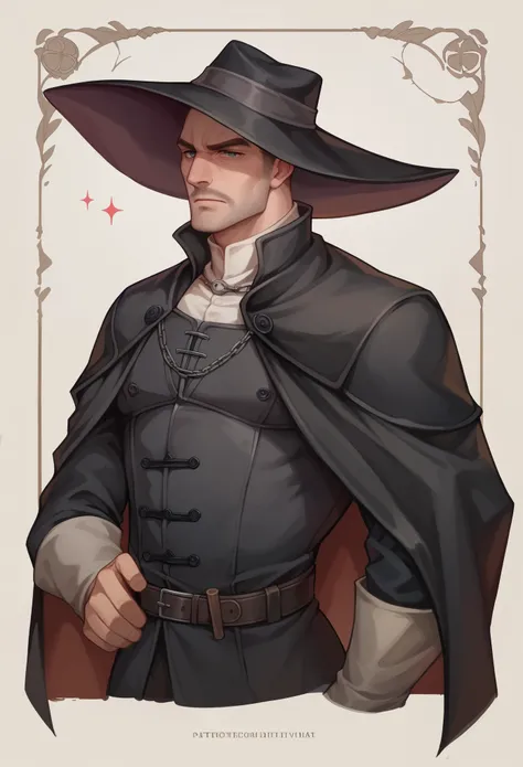 man, visual novel character, front, black overcoat, gothic theme, medieval, detective