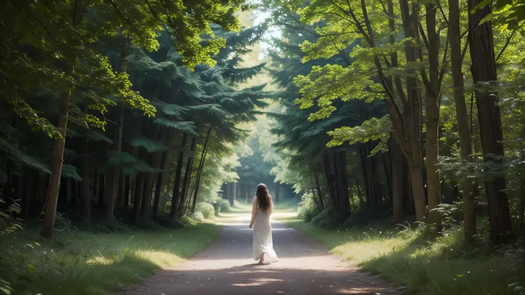 A serene scene of a woman walking along a long, seemingly divinely blessed path beside a calm body of water. The scene is bathed in soft, natural light, creating a peaceful atmosphere. The woman is dressed in a long, flowing, light-colored dress, and her h...