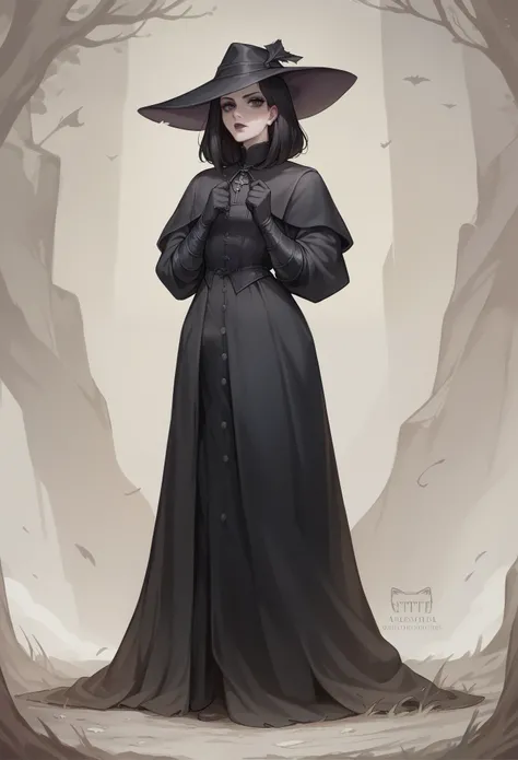 girl, visual novel character, front, black overcoat, gothic theme, medieval, detective, fullbody