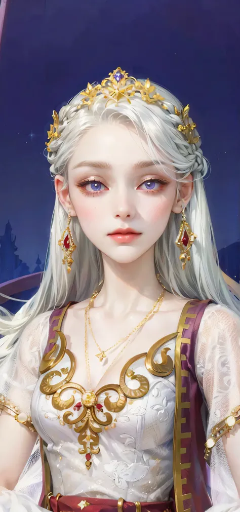 (masterpiece, top quality, best quality, official art, enchanting and aesthetic:1.2), 1female, white silver hair, royal braided hair, violet eyes, white and red dress, red and gold jewelry, high quality details, 4k eyes, white hair, silver white hair, long...