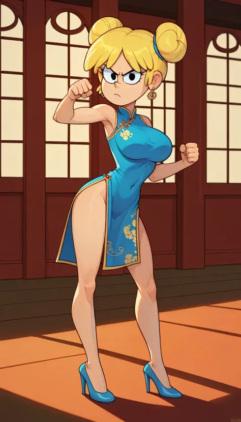 lori loud, 1girl, solo, 24yo girl, blue cheongsam,  inside of a chinese style temple, large breasts, looking at viewer, blonde hair, short hair, two hair buns , hands  score_9, score_8_up, score_7_up, high heels,teep fighting stance,martial arts