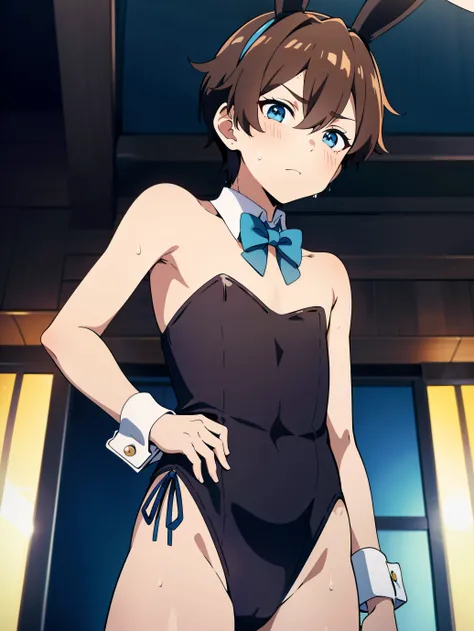 Highres, Masterpiece, Best quality at best,Best Quality,hight quality, hight detailed, Anime style, 1boy, Shota, young boy, hair between eyes,brown hair, blue eye, slim body, look at viewer, animal ears, playboy bunny, rabbit ears, fake rabbit ears, fake a...