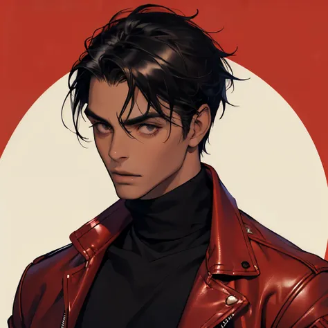 1 , best qualityer, face detailed, detailedeyes, Dark skin man, Bblack hair, shorth hair, Eyes red, Seriously, red jacket, leather jacket, Black turtleneck, black pants, muscular male, simple background