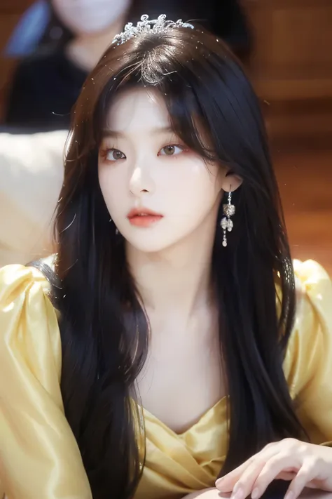 seulgi rv, yellow satin gown, long hair, beautiful detailed eyes, beautiful detailed lips, extremely detailed face, longeyelashe...