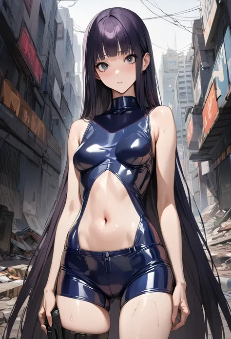 ((masterpiece,best quality anime,Highest quality:1.3)),realistic,cowboy shot,1woman,独奏,(30 year old beauty),((very small head:1.4)),((very long body:1.4)),(dark blue hair),straight long hair,(gorgeous big eyes),black eyes,Serious expression,((slender body:...