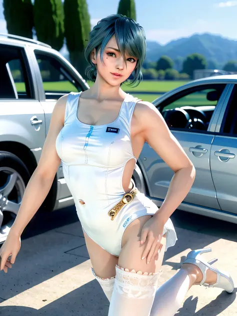 (white plain leotards:1.5),,is a smile in front of a new car in the venue of the auto show; model pose, race queen,
( high-heele...