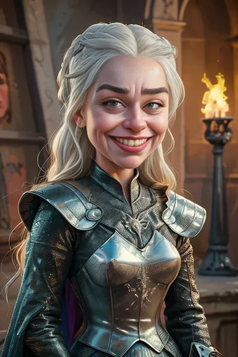 (caricature style: 1.5), exaggerated features, bold lines, vibrant colors, digital painting, cartoonish, (((emilia clarcke face))), big head, smiling, (( Daenerys Targaryen caricature, exaggerated features, silver hair flowing in the wind, intense purple e...