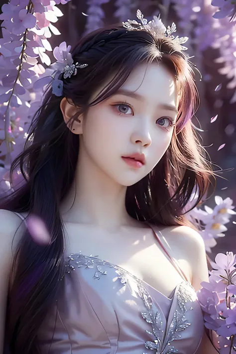 yeri rv, purple fairy, long hair, beautiful detailed eyes, beautiful detailed lips, extremely detailed face, longeyelashes, elegant pose, dramatic lighting, cinematic, chiaroscuro, dramatic shadows, moody, atmospheric, photorealistic, 8k, best quality, mas...