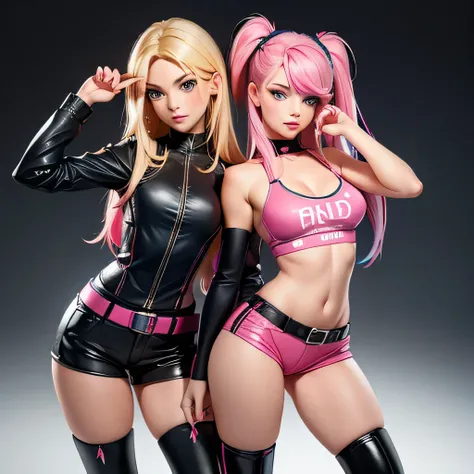 2 beautiful women, 1 girl with striking (blue and pink hair in bunches), wearing a sexy leather outfit with over-the-knee boots, posing confidently, 1 girl with long blonde hair, beautiful eyes, detailed facial features, wearing a band t-shirt, leather sho...