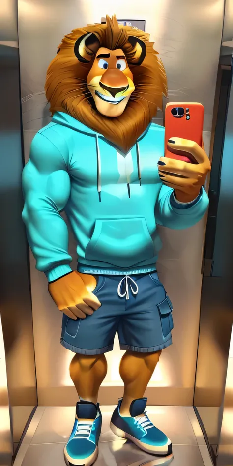 Alex the Lion, muscular body, big biceps, extremely beautiful and cute face, wears cyan sweatshirt, denim cargo shorts, blue sneakers, elevator background, selfie, cute smile, rock and roll sign