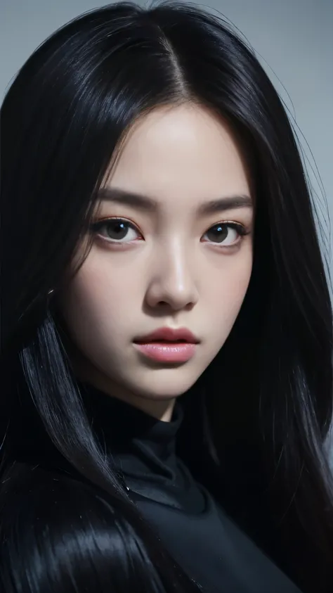 Portrait of a lady with long hair and black shirt, Digital Illustration Portrait, Beauvot Art Style, Portrait of Blackpink member Jossi, Numerical portrait, Digital Art Portraits, Realistic art style, High quality portrait, 🤤 Girl Portrait, realistic art s...