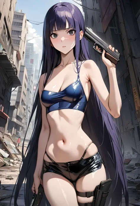 ((masterpiece,best quality anime,Highest quality:1.3)),realistic,cowboy shot,1woman,solo,(30 year old beauty),((very small head:1.4)),((very long body:1.4)),(dark blue hair),straight long hair,(gorgeous big eyes),black eyes,Serious expression,((slender bod...