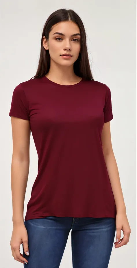 a woman wearing a maroon shirt and jeans poses for a picture, red t-shirt, short sleeves, wearing a t-shirt, maroon red, red shirt, violet coloured t-shirt, magenta shirt, t - shirt, t-shirt, centre image, solid color, sport t-shirt, product photo, full bo...