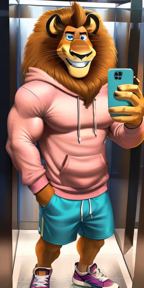 Alex the Lion, muscular body, big biceps, extremely beautiful and cute face, perfectly detailed blue eyes with perfectly detailed pupils, wears cyan sweatshirt, pink cargo shorts, blue sneakers, elevator background, selfie, friendly look, smile