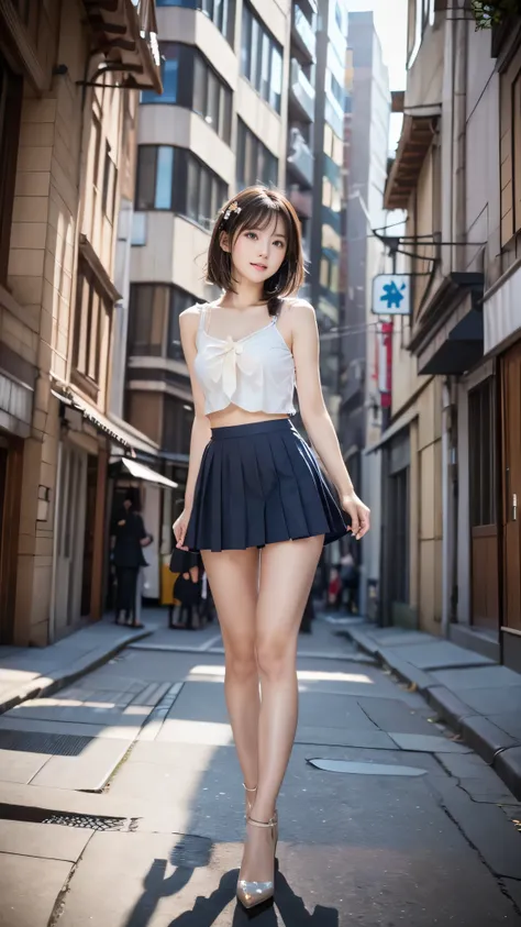 (((a pure and cute beautiful girl stands in a futuristic city:1.2))), (strong winds cause the skirt to roll up:1.4), (((cute und...