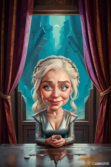 (((caricature style: 1.5))), exaggerated features, bold lines, vibrant colors, digital painting, cartoonish, (((emilia clarcke face))), big head, smiling, (( Daenerys Targaryen caricature, exaggerated features, silver hair flowing in the wind, intense purp...