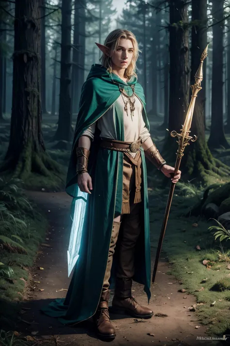 Male elf druid with staff and cloak 