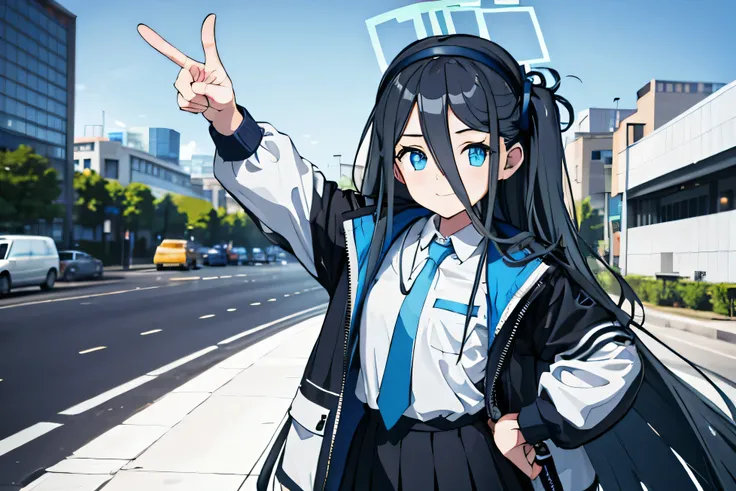 Alice Def, (Very long hair:1.1), look up, Hands on hips, From above, Conceit, street, masterpiece, Highest quality, High resolution, Nice hands, Perfect hands,one arm raise up