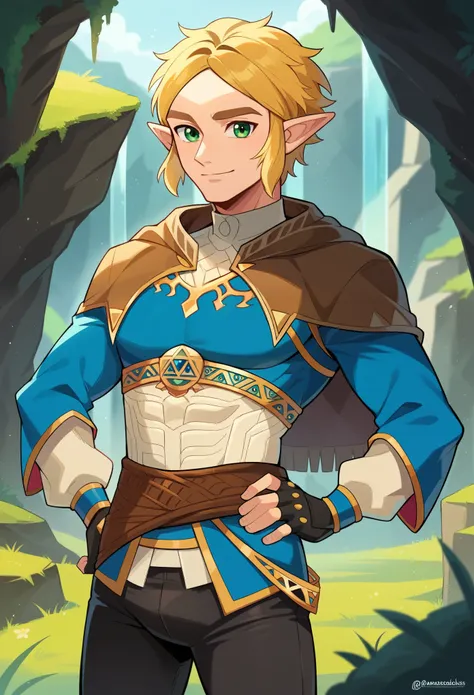 score_9, score_8_up, score_7_up, 1boy, solo, male focus, ZeldaSDXL, princess zelda, short hair, bangs, parted bangs, blonde hair, green eyes,pointy ears, brown capelet, blue shirt, puffy sleeves, long sleeves, fingerless gloves, black gloves, black pants,...