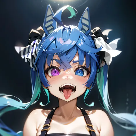 (​masterpiece,top-quality,hight resolution,Unity 8k,extremely details CG:1,Best Picture), angle from the front,Color illustration in the style of asanagi,live stage,perfect lighting,Top-down Bottom-up,Tongue out,Twin_Turbo_Umamusume,(aqua hair, twintails, ...