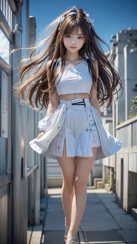 (((A pure and cute beautiful girl stands in a futuristic city:1.2))), (((Upper body portrait))), Beautiful straight hair, Short brown hair, Immersion, (Beautiful symmetrical eyes), (Thin thighs:1.2, Beautiful feet:1.2), Slender body line, ((Tight waist:1.2...