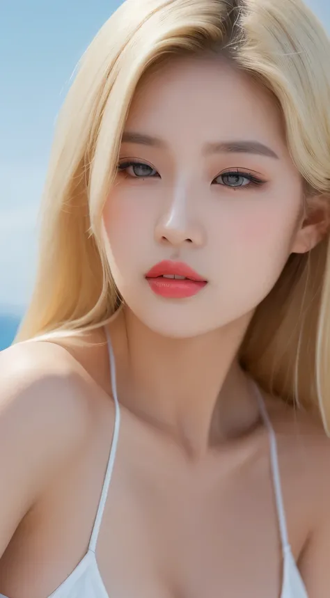 ((Best quality, 8k, Masterpiece :1.3)), Sharp focus :1.2, KPop girl Korean. Rose. Rose. 2. body. slim. thin. Captivating. ((make-up face. lipstick)) blonde long blonde hair blonde

Wearing sunglasses. Bikini)) Also show your ears. In front of the camera. E...