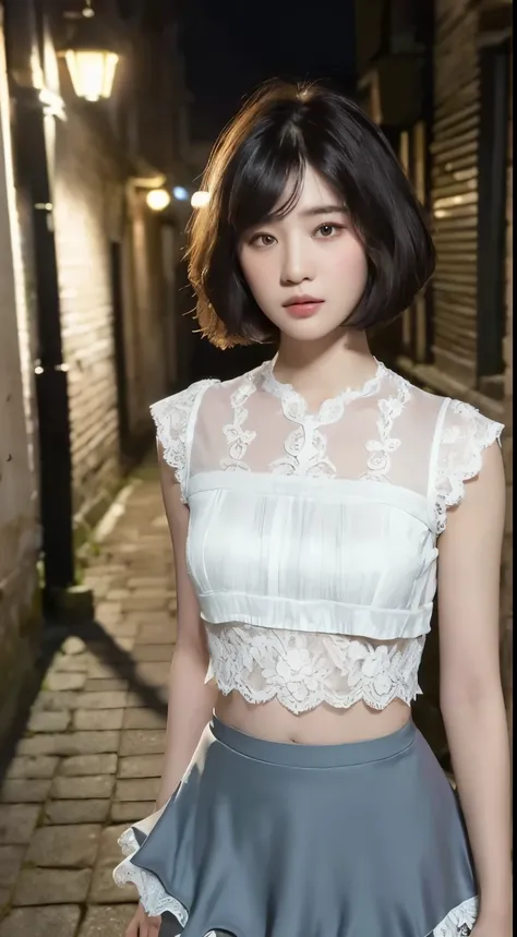 ((Best Quality, 8K, Masterpiece: 1.3)), (Lace Top with Skirt: 1.3), Focus: 1.2, Perfect Body Beauty: 1.4, Buttocks: 1.2, ((Layered Haircut: 1.2)), (Dark Street: 1.3), Highly detailed face and skin texture, detailed eyes, double eyelids, whitening skin, lay...