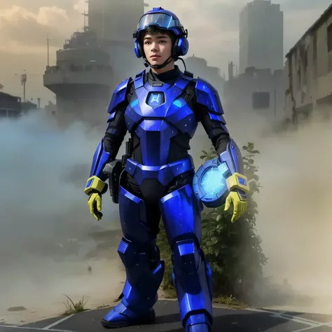 Soldier wearing blue technological armor