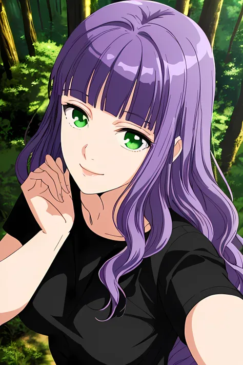 (masterpiece), best quality, expressive eyes, perfect face, solo,
long hair, wavy hair, blunt bangs, purple hair, green eyes, medium breasts, black t-shirt, selfie, short sleeves, light smile, 
forest, portrait, from above, from side,