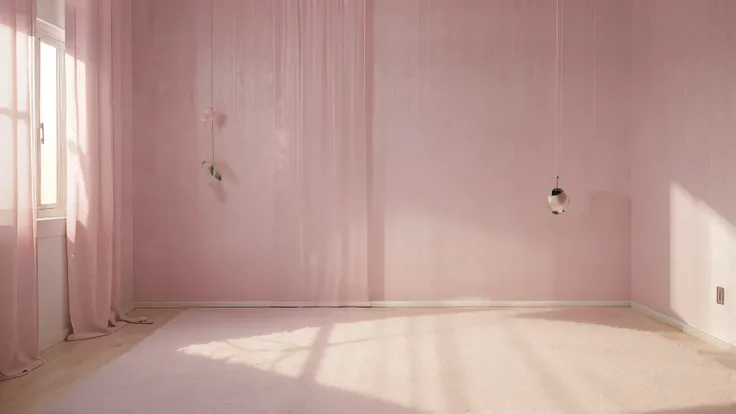 simple room with light pink wallpaper, pink curtain closed in the background just a carpet on the floor, photo realistic mode