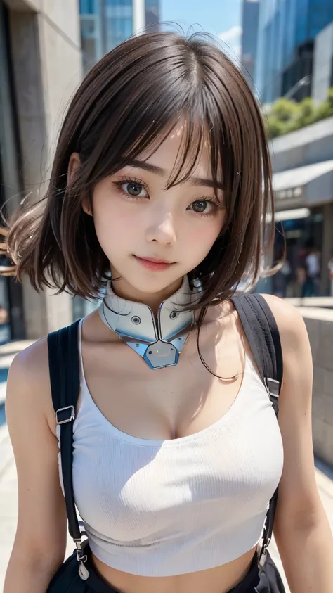 (((A pure and cute beautiful girl stands in a futuristic city:1.2))), (((Upper body portrait))), Beautiful straight hair, Short brown hair, Immersion, (Beautiful symmetrical eyes), (Thin thighs:1.2, Beautiful feet:1.2), Slender body line, Short neck, high ...