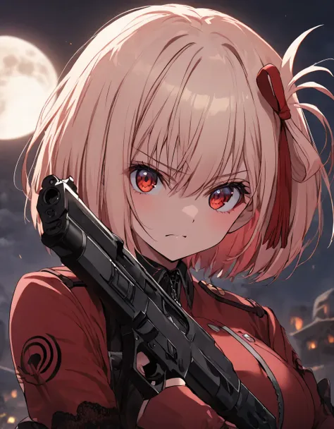 One girl, chisato nishikigi, cute, Gothic fashion using delicate lace, Red clothes, Beautiful hair ornaments, Hair between the eyes, Serious face, Upper Body, (((Ready your gun?))), Shoot a gun, night, full moon
